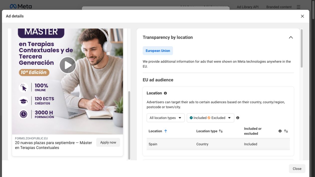 Captura del anuncio actual del máster contextual de Ítaca